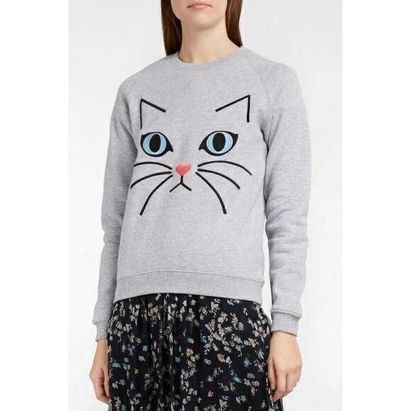 Paul & Joe Sister Ze Cat Embroidered Sweatshirt Gray Size 0 Kitty Meow Cute Soft - Picture 1 of 9